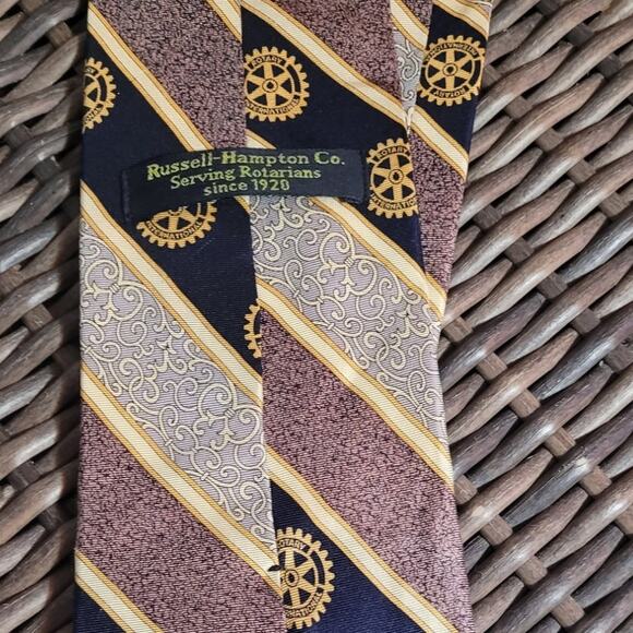 RUSSELL-HAMPTON CO. Brown Tan Gold Rotarian Scrolling Logo Mens Neck Tie 57"X4" - Picture 2 of 5